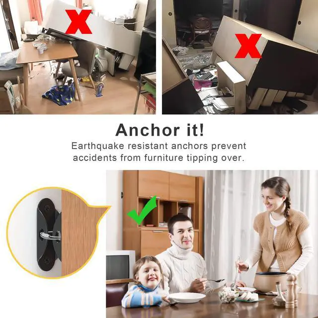 Alt view image 2 of 7 - Furniture Anchors (10 Pack) Anti Tip Furniture Straps for Baby Proofing, 400lbs Tension Earthquake Resistant Metal Straps, Furniture Wall Anchor Prevent Baby Pet from Falling Furniture