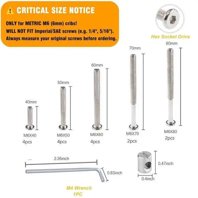 Alt view image 2 of 7 - Crib Screws Hardware Replacement Kit - 16 Set M6 Hex Drive Socket Cap Barrel Nuts Assortment Kit for Baby Bed Cribs Furniture, M6x40/50/60/70/80mm