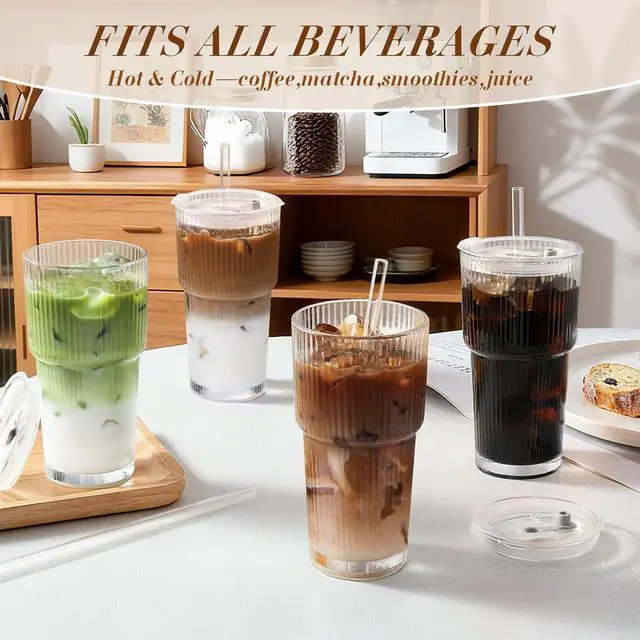 Alt view image 5 of 7 - Iced Coffee Cups with Lids: Coffee Bar Accessories - Ribbed Glass Tumbler with Straw and Lid 4Pcs - 20oz Leak Proof Tumbler - Reusable Glass Cups and Tumblers with Lid and Straws for To Go Iced Coffee