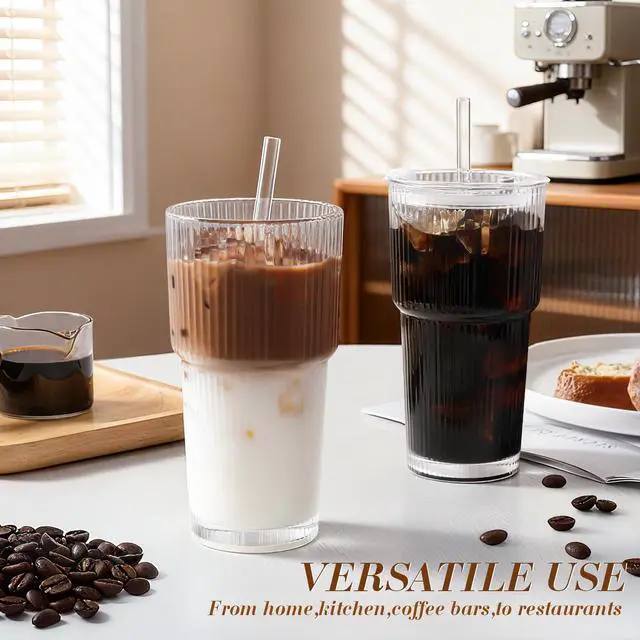 Alt view image 7 of 7 - Iced Coffee Cups with Lids: Coffee Bar Accessories - Ribbed Glass Tumbler with Straw and Lid 4Pcs - 20oz Leak Proof Tumbler - Reusable Glass Cups and Tumblers with Lid and Straws for To Go Iced Coffee