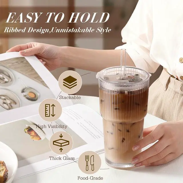 Alt view image 3 of 7 - Iced Coffee Cups with Lids: Coffee Bar Accessories - Ribbed Glass Tumbler with Straw and Lid 4Pcs - 20oz Leak Proof Tumbler - Reusable Glass Cups and Tumblers with Lid and Straws for To Go Iced Coffee