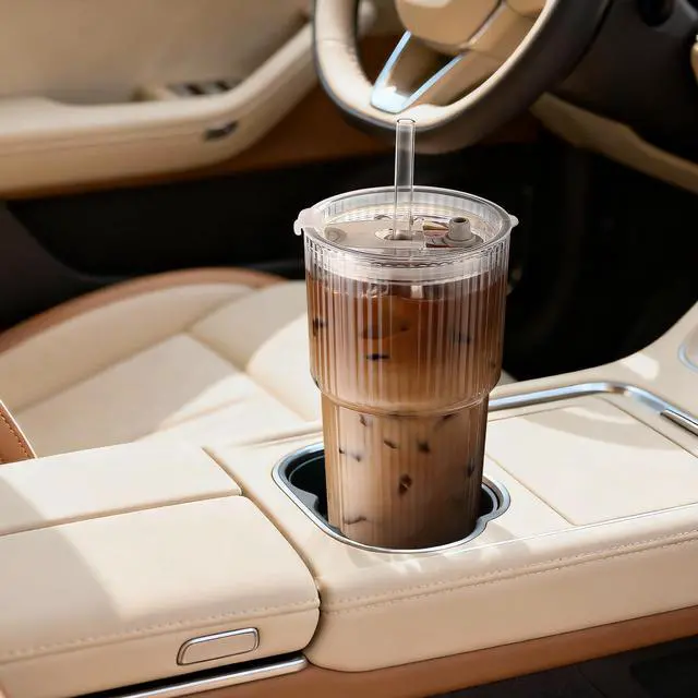 Alt view image 6 of 7 - Iced Coffee Cups with Lids: Coffee Bar Accessories - Ribbed Glass Tumbler with Straw and Lid 4Pcs - 20oz Leak Proof Tumbler - Reusable Glass Cups and Tumblers with Lid and Straws for To Go Iced Coffee