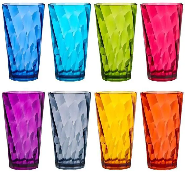 Main image of Optix Plastic Reusable Drinking Glasses (Set of 8) 20oz Water Cups in Jewel Tone Colors | BPA-Free Tumblers, Made in USA | Top-Rack Dishwasher Safe