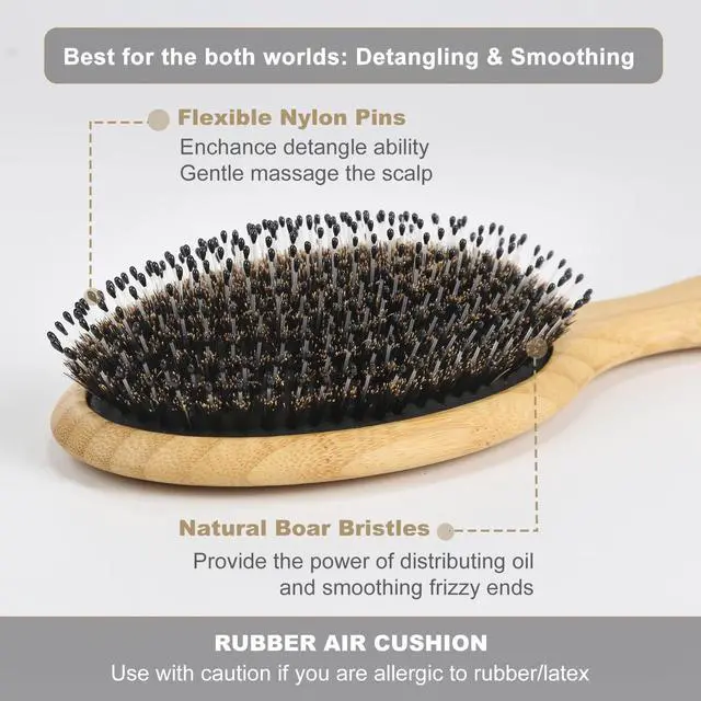 Alt view image 2 of 7 - Hair Brush-Boar Bristle Hair Brushes Natural Bamboo Wooden Cushion Massage Anti Static Large Paddle Hairbrush for Women Men and Kid (Round)