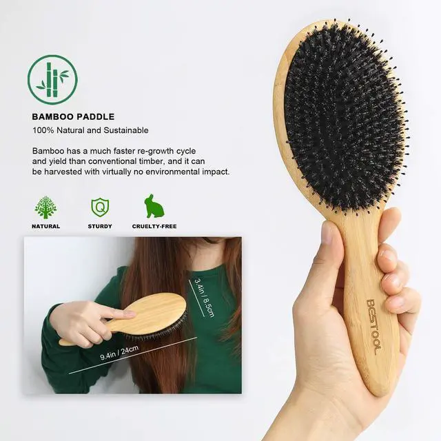 Alt view image 3 of 7 - Hair Brush-Boar Bristle Hair Brushes Natural Bamboo Wooden Cushion Massage Anti Static Large Paddle Hairbrush for Women Men and Kid (Round)
