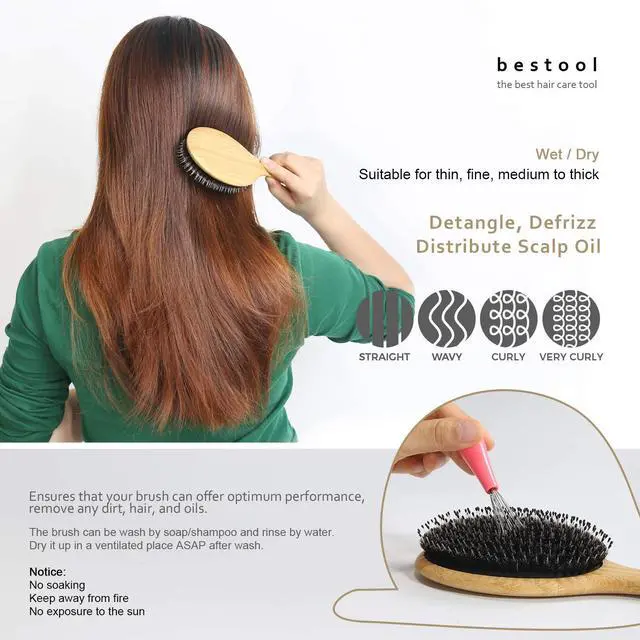 Alt view image 4 of 7 - Hair Brush-Boar Bristle Hair Brushes Natural Bamboo Wooden Cushion Massage Anti Static Large Paddle Hairbrush for Women Men and Kid (Round)