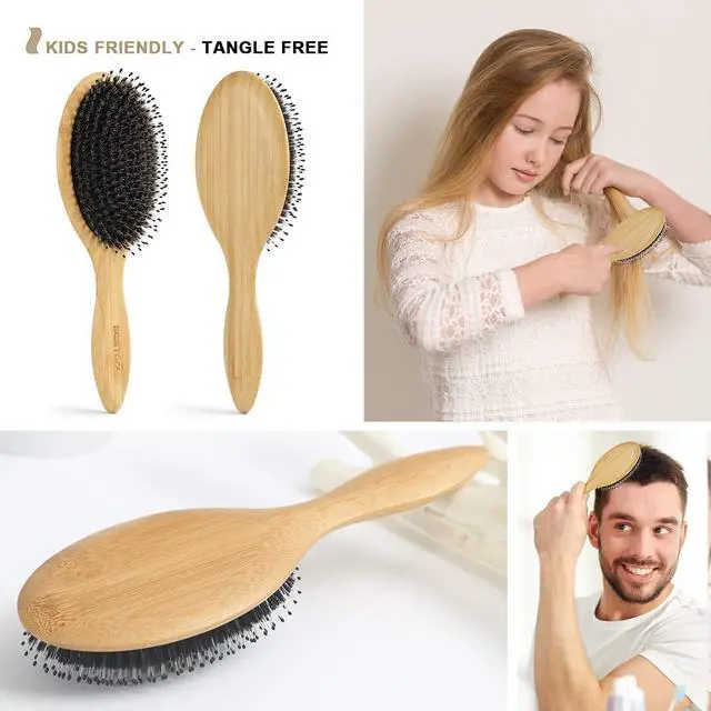 Alt view image 5 of 7 - Hair Brush-Boar Bristle Hair Brushes Natural Bamboo Wooden Cushion Massage Anti Static Large Paddle Hairbrush for Women Men and Kid (Round)