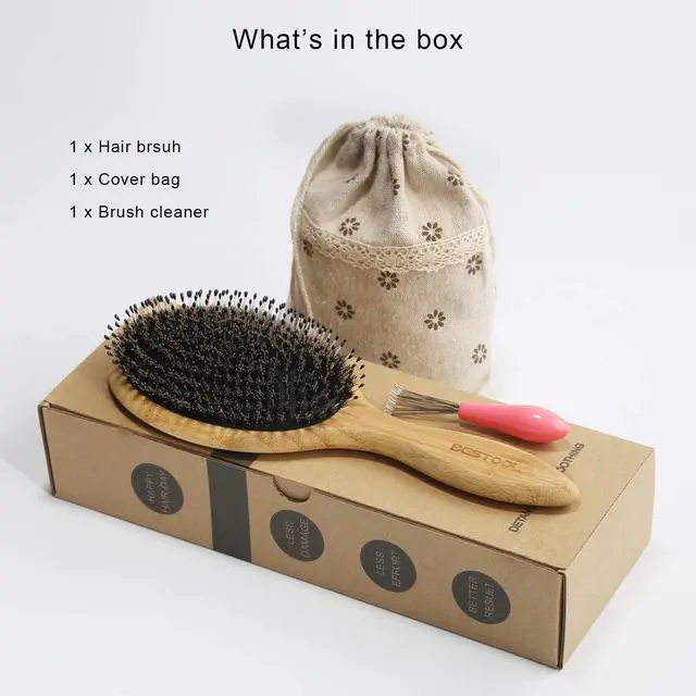 Alt view image 6 of 7 - Hair Brush-Boar Bristle Hair Brushes Natural Bamboo Wooden Cushion Massage Anti Static Large Paddle Hairbrush for Women Men and Kid (Round)