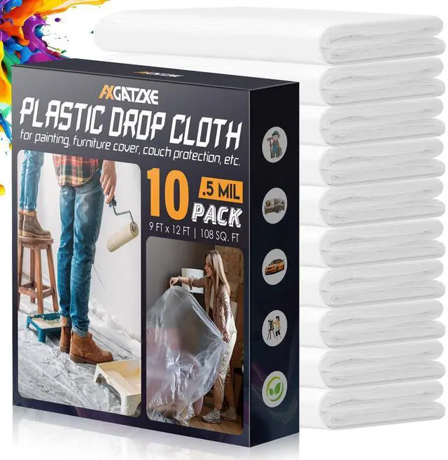 Main image of 12 x 9 Ft Plastic Drop Cloths for Painting (10-Pack)