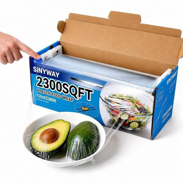 Main image of 12" x 2300 SqFt Plastic Wrap with Slide Cutter, Commercial Size Cling Wrap for Kitchen, Extra-Long Roll with Built-in Roller, Heavy Duty Plastic Food Wrap for Home or Restaurant BPA Free