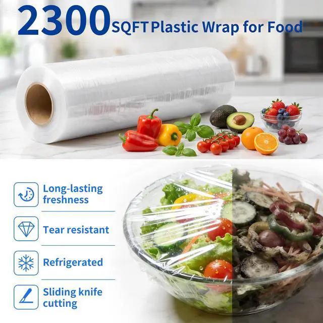 Alt view image 4 of 7 - 12" x 2300 SqFt Plastic Wrap with Slide Cutter, Commercial Size Cling Wrap for Kitchen, Extra-Long Roll with Built-in Roller, Heavy Duty Plastic Food Wrap for Home or Restaurant BPA Free