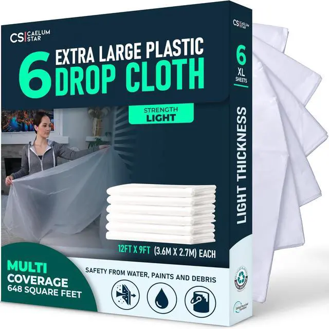 Main image of 6 Pack 12x9 ft Extra Large Plastic Drop Cloth for Painting, Furniture Covers, Painters Plastic Cover, Clear Paint Tarp, Floor Protector, Disposable Paint Drop Cloth, 55% Recycled