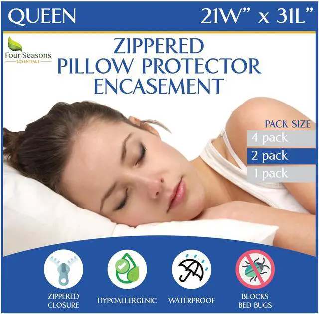 Main image of Queen Size Waterproof Pillow Protectors (Set of 2) Zippered Hypoallergenic Pillowcase Cover Allergen Dust Proof Encasement