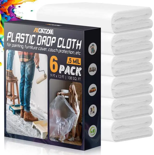 Main image of 12 x 9 Ft Plastic Drop Cloths for Painting (6-Pack)
