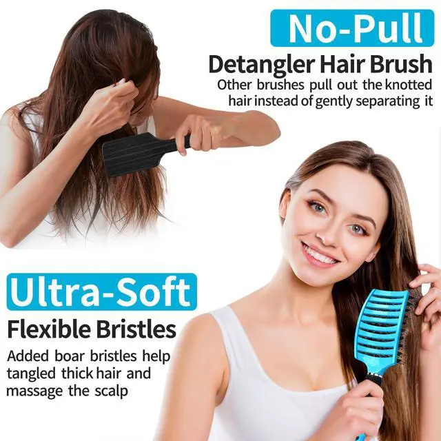 Alt view image 3 of 7 - Boar Bristle Hair Brush Set of 2, Detangling Smoothing for Wet & Dry