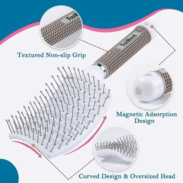 Alt view image 3 of 6 - Boar Bristle Hair Brush Set - Dry/Wet Hair Brushes Detangler for Fine, Thick, Curly Hair - Curved and Vented Hair Brush for Women, Men or Kids