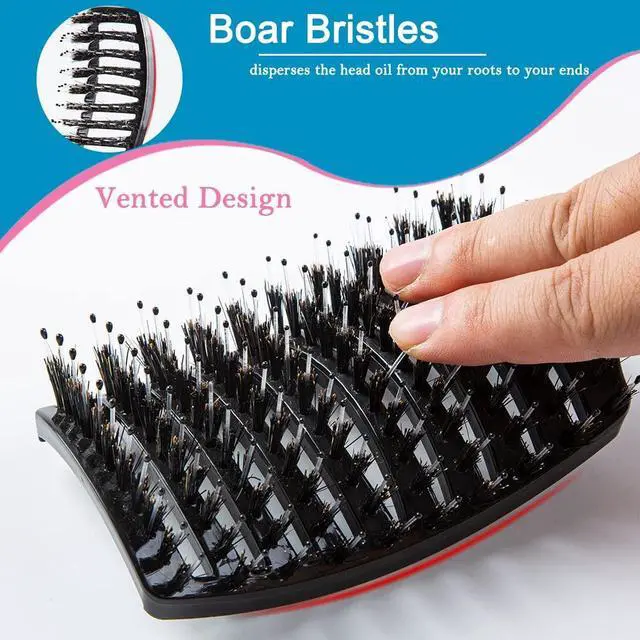 Alt view image 4 of 6 - Boar Bristle Hair Brush Set - Dry/Wet Hair Brushes Detangler for Fine, Thick, Curly Hair - Curved and Vented Hair Brush for Women, Men or Kids