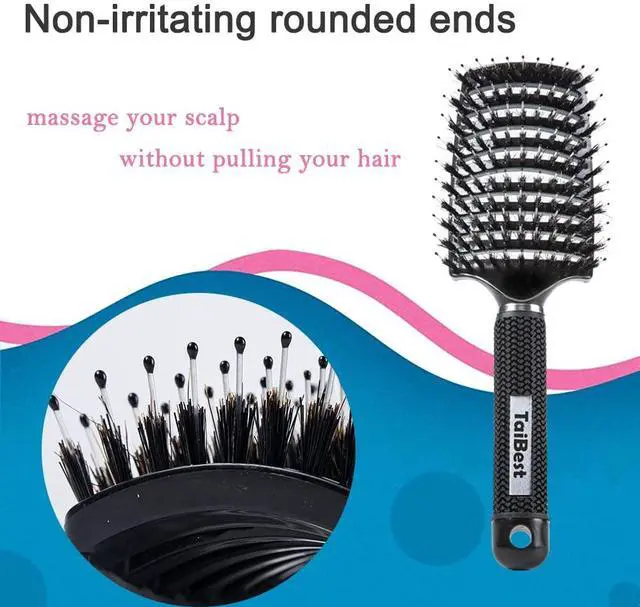 Alt view image 2 of 6 - Boar Bristle Hair Brush Set - Dry/Wet Hair Brushes Detangler for Fine, Thick, Curly Hair - Curved and Vented Hair Brush for Women, Men or Kids