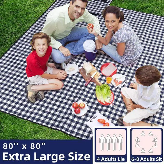 Alt view image 2 of 6 - Picnic Blankets Machine Washable, 80''x80'' Extra Large Waterproof Sandproof Foldable Compact Beach Blanket, Oversized XL Outdoor Mat for Spring Summer Camping, Park, Travel Grass(Blue and White)