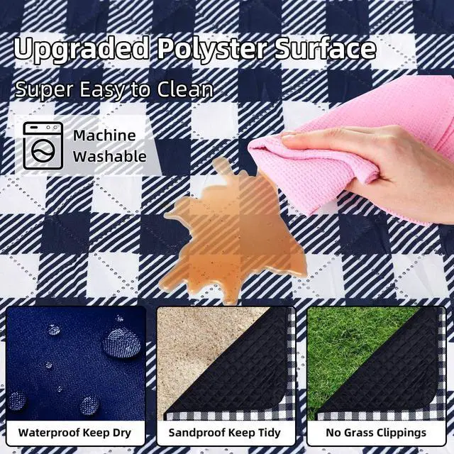 Alt view image 4 of 6 - Picnic Blankets Machine Washable, 80''x80'' Extra Large Waterproof Sandproof Foldable Compact Beach Blanket, Oversized XL Outdoor Mat for Spring Summer Camping, Park, Travel Grass(Blue and White)