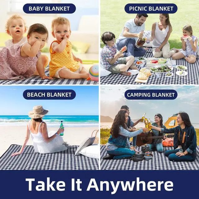 Alt view image 6 of 6 - Picnic Blankets Machine Washable, 80''x80'' Extra Large Waterproof Sandproof Foldable Compact Beach Blanket, Oversized XL Outdoor Mat for Spring Summer Camping, Park, Travel Grass(Blue and White)