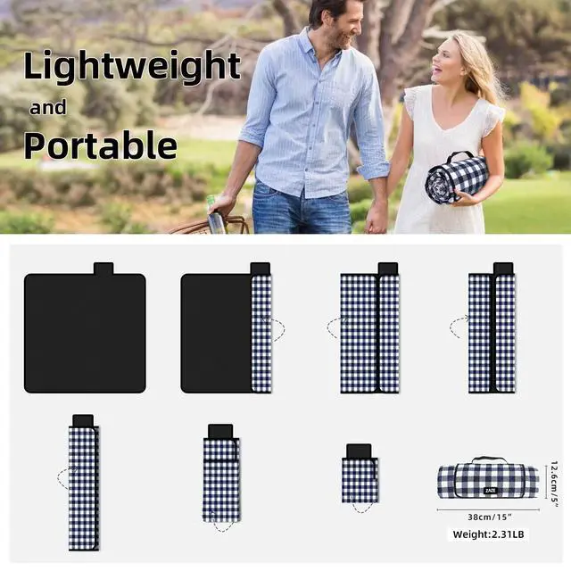 Alt view image 5 of 6 - Picnic Blankets Machine Washable, 80''x80'' Extra Large Waterproof Sandproof Foldable Compact Beach Blanket, Oversized XL Outdoor Mat for Spring Summer Camping, Park, Travel Grass(Blue and White)