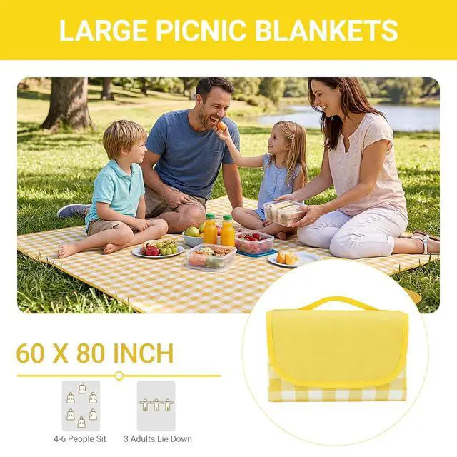Alt view image 2 of 7 - 1 Pack Gingham Waterproof Outdoor Picnic Blanket 80x60 Inch Yellow