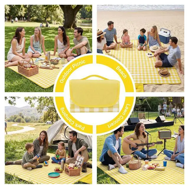 Alt view image 4 of 7 - 1 Pack Gingham Waterproof Outdoor Picnic Blanket 80x60 Inch Yellow