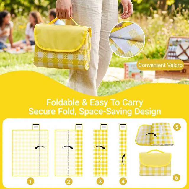 Alt view image 5 of 7 - 1 Pack Gingham Waterproof Outdoor Picnic Blanket 80x60 Inch Yellow