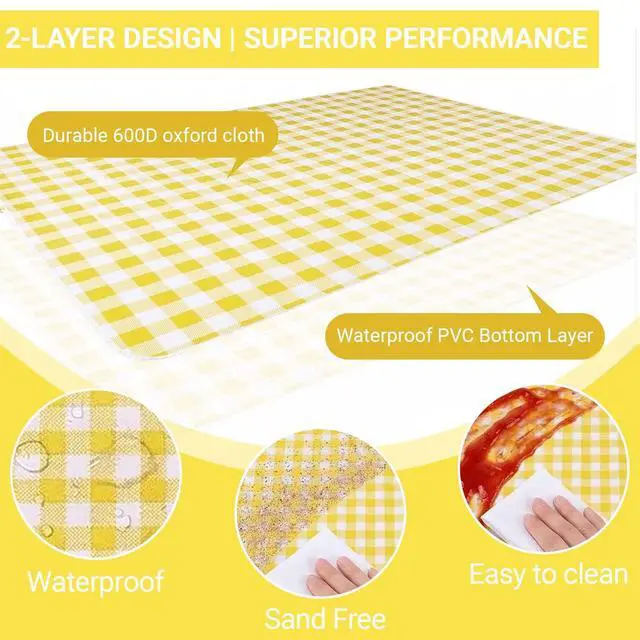 Alt view image 3 of 7 - 1 Pack Gingham Waterproof Outdoor Picnic Blanket 80x60 Inch Yellow