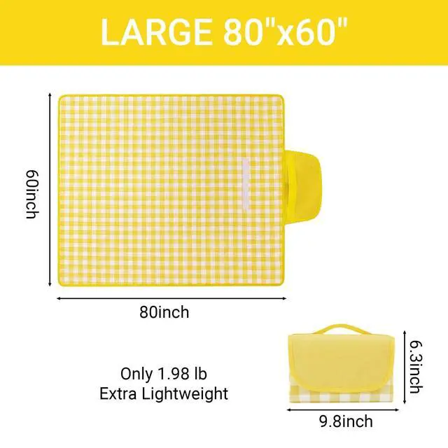 Alt view image 6 of 7 - 1 Pack Gingham Waterproof Outdoor Picnic Blanket 80x60 Inch Yellow