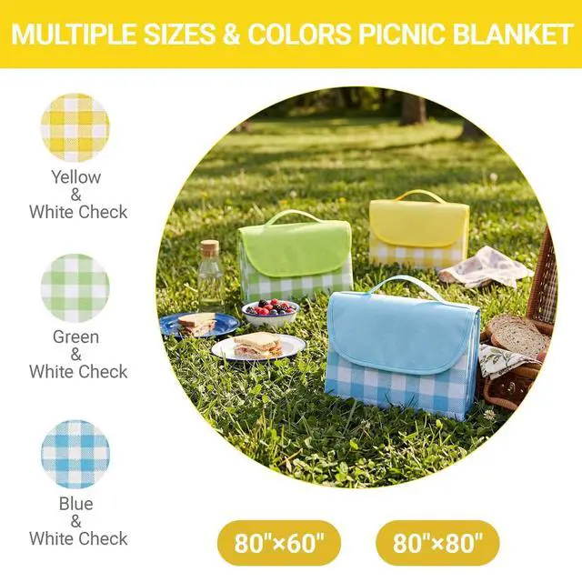 Alt view image 7 of 7 - 1 Pack Gingham Waterproof Outdoor Picnic Blanket 80x60 Inch Yellow