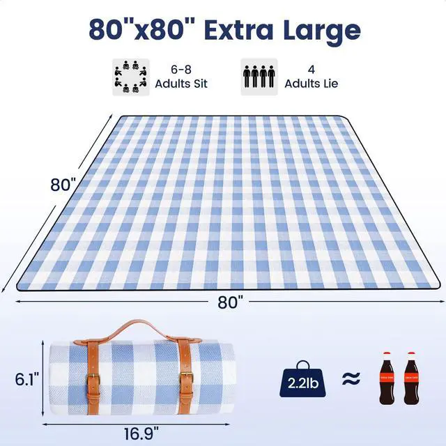 Alt view image 2 of 7 - 80x 80 Picnic Blanket Extra Large, Waterproof and Foldable Beach Blanket, 3-Layer Outdoor Blanket for 6 to 8 Adults, for Camping, Park, Beach, Grass, Indoors