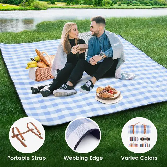Alt view image 4 of 7 - 80x 80 Picnic Blanket Extra Large, Waterproof and Foldable Beach Blanket, 3-Layer Outdoor Blanket for 6 to 8 Adults, for Camping, Park, Beach, Grass, Indoors