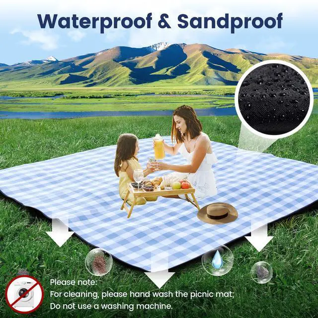 Alt view image 5 of 7 - 80x 80 Picnic Blanket Extra Large, Waterproof and Foldable Beach Blanket, 3-Layer Outdoor Blanket for 6 to 8 Adults, for Camping, Park, Beach, Grass, Indoors