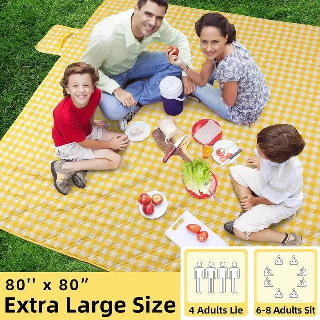 Alt view image 2 of 6 - Extra Large Picnic Blankets, 80''x80'' Washable Waterproof Foldable Oversized Compact Picnic Mat for Spring Summer Blanket Beach, Camping on Grass (Yellow and White)