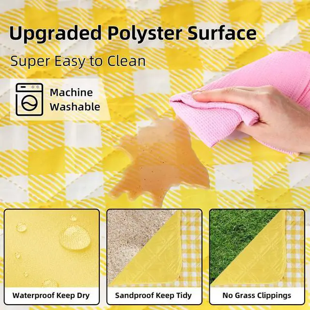 Alt view image 4 of 6 - Extra Large Picnic Blankets, 80''x80'' Washable Waterproof Foldable Oversized Compact Picnic Mat for Spring Summer Blanket Beach, Camping on Grass (Yellow and White)