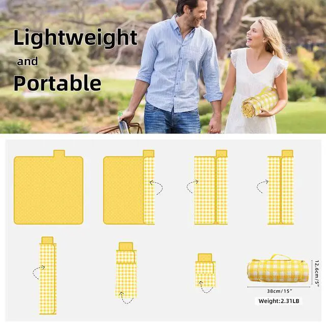 Alt view image 5 of 6 - Extra Large Picnic Blankets, 80''x80'' Washable Waterproof Foldable Oversized Compact Picnic Mat for Spring Summer Blanket Beach, Camping on Grass (Yellow and White)
