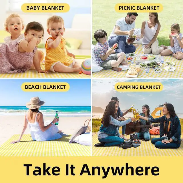 Alt view image 6 of 6 - Extra Large Picnic Blankets, 80''x80'' Washable Waterproof Foldable Oversized Compact Picnic Mat for Spring Summer Blanket Beach, Camping on Grass (Yellow and White)