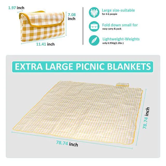 Alt view image 3 of 7 - Outdoor Picnic Blanket, Extra Large Beach Blanket, Waterproof Sand Proof Foldable Portable Picnic Mat for Outdoor Camping Hiking Travel Grass Music Festival Lawn Mats, 80" x 60", Yellow