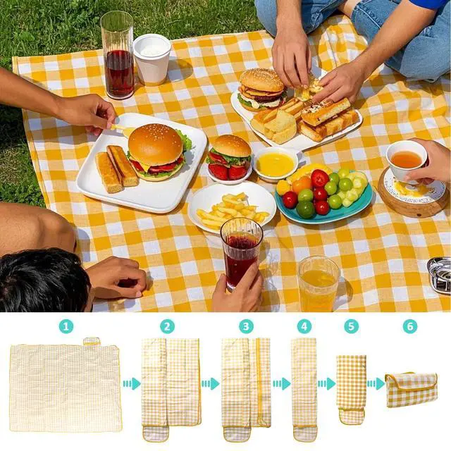 Alt view image 4 of 7 - Outdoor Picnic Blanket, Extra Large Beach Blanket, Waterproof Sand Proof Foldable Portable Picnic Mat for Outdoor Camping Hiking Travel Grass Music Festival Lawn Mats, 80" x 60", Yellow