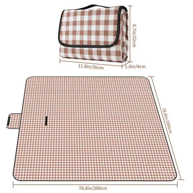 Alt view image 4 of 7 - Picnic Blanket Waterproof Beach Rug 80''x80'' Picnic Mat Washable Lightweight with Handle Coffee Checkered for Hiking Travelling Outdoor Camping,Parks
