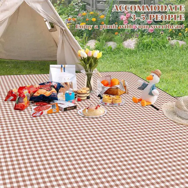 Alt view image 6 of 7 - Picnic Blanket Waterproof Beach Rug 80''x80'' Picnic Mat Washable Lightweight with Handle Coffee Checkered for Hiking Travelling Outdoor Camping,Parks