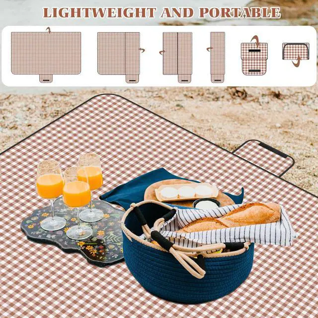 Alt view image 5 of 7 - Picnic Blanket Waterproof Beach Rug 80''x80'' Picnic Mat Washable Lightweight with Handle Coffee Checkered for Hiking Travelling Outdoor Camping,Parks