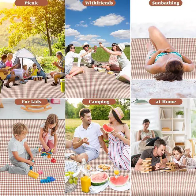 Alt view image 7 of 7 - Picnic Blanket Waterproof Beach Rug 80''x80'' Picnic Mat Washable Lightweight with Handle Coffee Checkered for Hiking Travelling Outdoor Camping,Parks