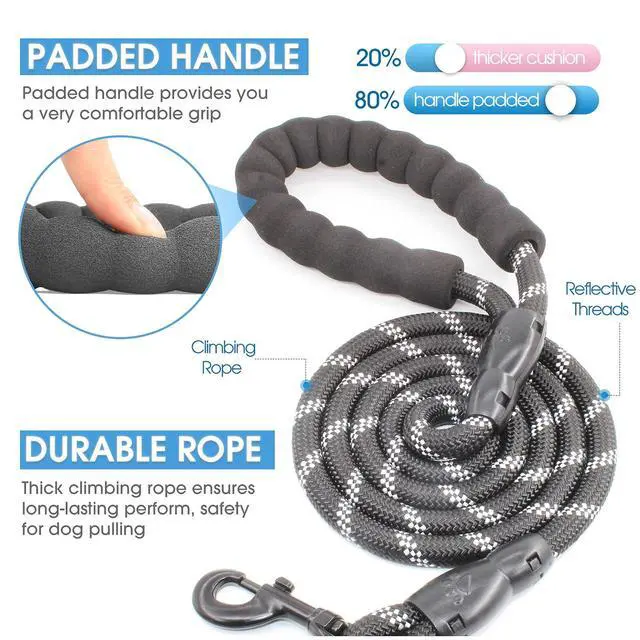 Alt view image 2 of 5 - 2/4/5/6 FT Dog Leash with Comfortable Padded Handle and Highly Reflective Threads for Small Medium and Large Dogs (5FT-1/2'', Black)