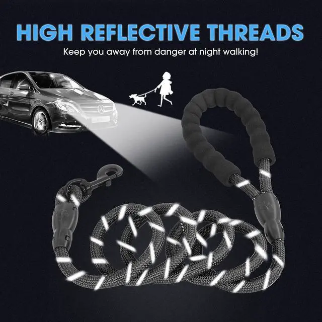 Alt view image 4 of 5 - 2/4/5/6 FT Dog Leash with Comfortable Padded Handle and Highly Reflective Threads for Small Medium and Large Dogs (5FT-1/2'', Black)