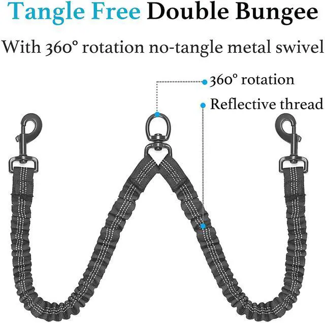 Alt view image 5 of 7 - Double Dog Leash, 360° Swivel, No Tangle, Large, 25-150 lbs, Black