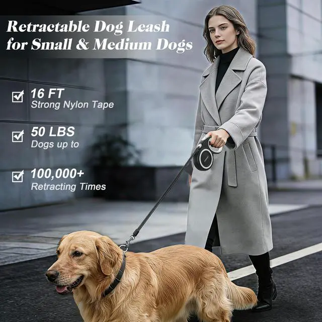 Alt view image 2 of 5 - Retractable Dog Leash with Stainless Steel Anti-Chew Cable for Small & Medium Dogs up to 50 lbs | 16 ft Strong Nylon Reflective Tape | Quick Lock System (Medium, White)