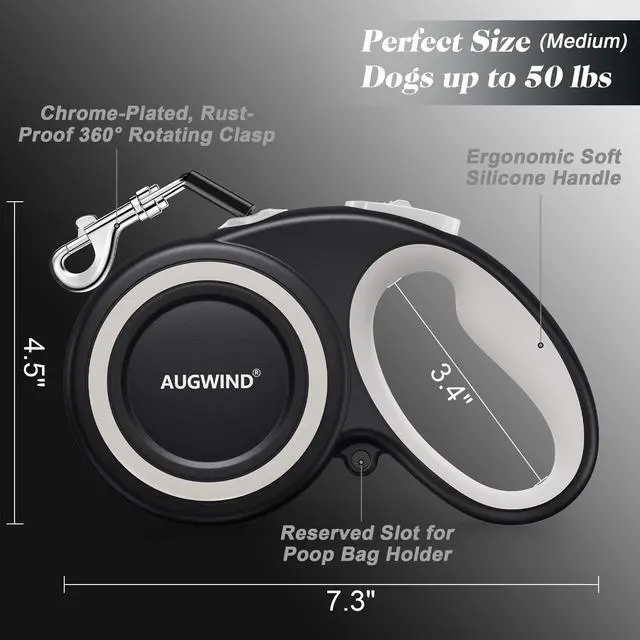 Alt view image 5 of 5 - Retractable Dog Leash with Stainless Steel Anti-Chew Cable for Small & Medium Dogs up to 50 lbs | 16 ft Strong Nylon Reflective Tape | Quick Lock System (Medium, White)